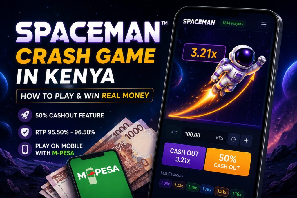Spaceman crash game Kenya with M-Pesa mobile betting and 50% cashout feature