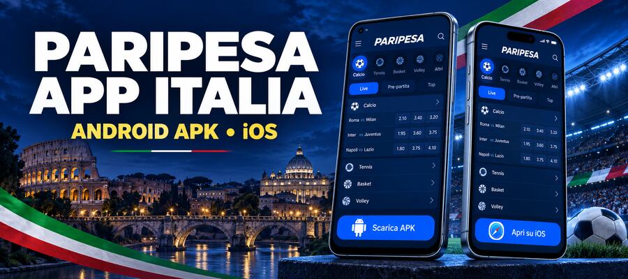 App PariPesa in Italia su smartphone Android e iOS con Roma e uno stadio sullo sfondo.