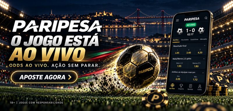 Banner de apostas ao vivo da PARIPESA com smartphone, bola de futebol e vista de Lisboa.