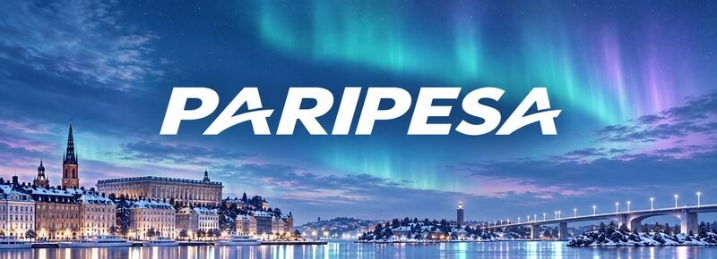 PARIPESA mot en vintrig vy över Stockholm med norrsken, vatten och en bro.