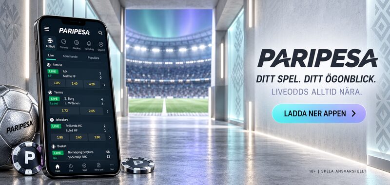 Ljus PARIPESA-banner med mobilapp i en modern skandinavisk fotbollstunnel.
