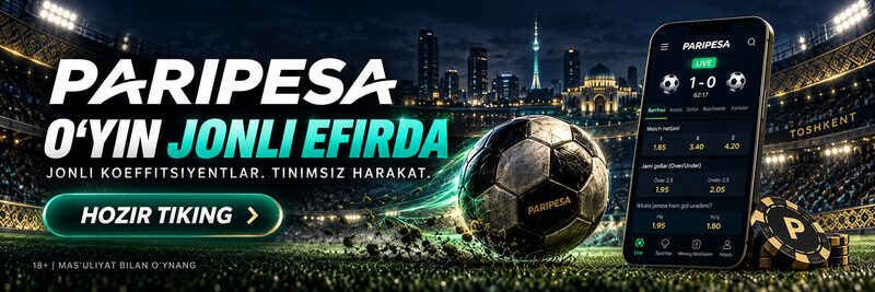 Toshkent stadioni fonida futbol to‘pi va mobil ilova tasvirlangan PARIPESA banneri.
