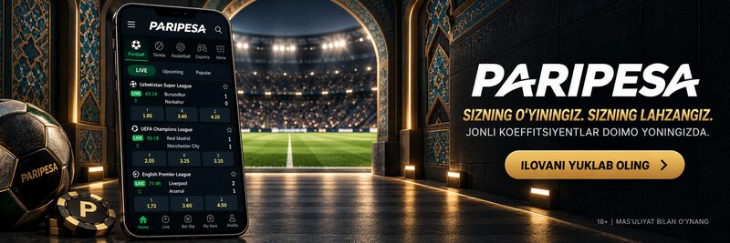 O‘zbek naqshlari bilan bezatilgan stadion yo‘lagidagi PARIPESA mobil ilovasi banneri.