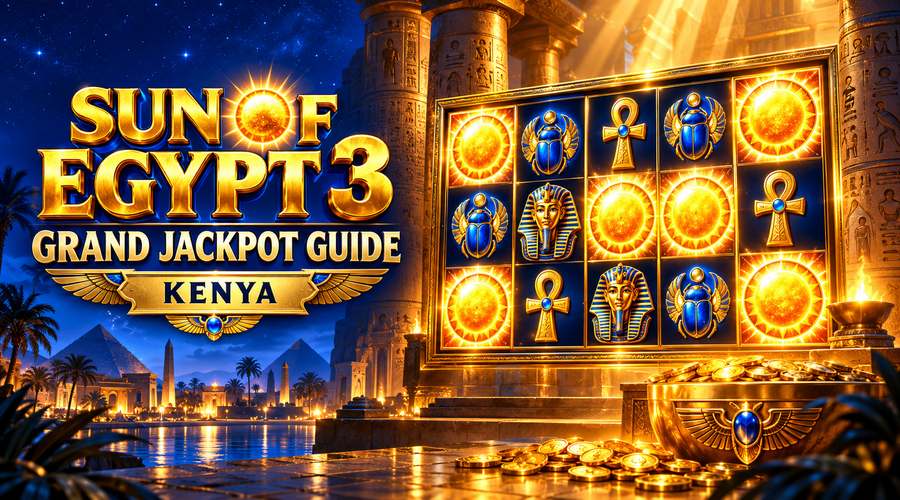 Sun of Egypt 3 slot banner with Egyptian symbols, glowing sun coins and a Grand Jackpot guide for Kenya.